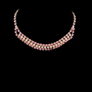 Vintage Pink Rhinestone Bib Choker Necklace Gold Tone Sparkly